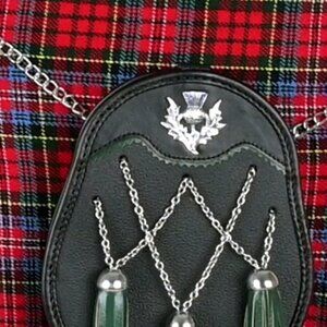 Scottish Men Leather Sporran with Thistle Mount Silver Chain Traditional Sporran